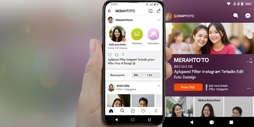 Antarmuka aplikasi MERAHTOTO dengan berbagai pilihan filter Instagram.